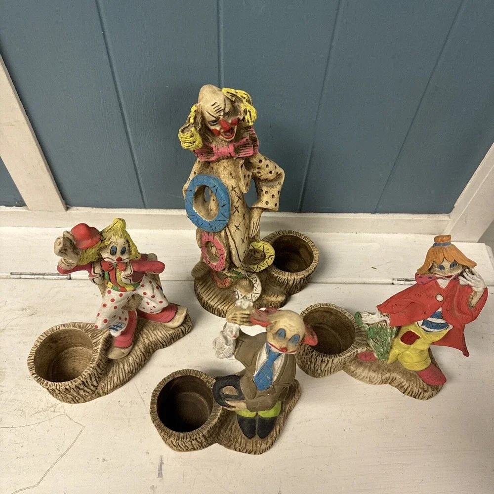 Vintage Set Of 4 Ricardo Clowns Driftwood Statue Quirky Folk‎ Art HandPainted